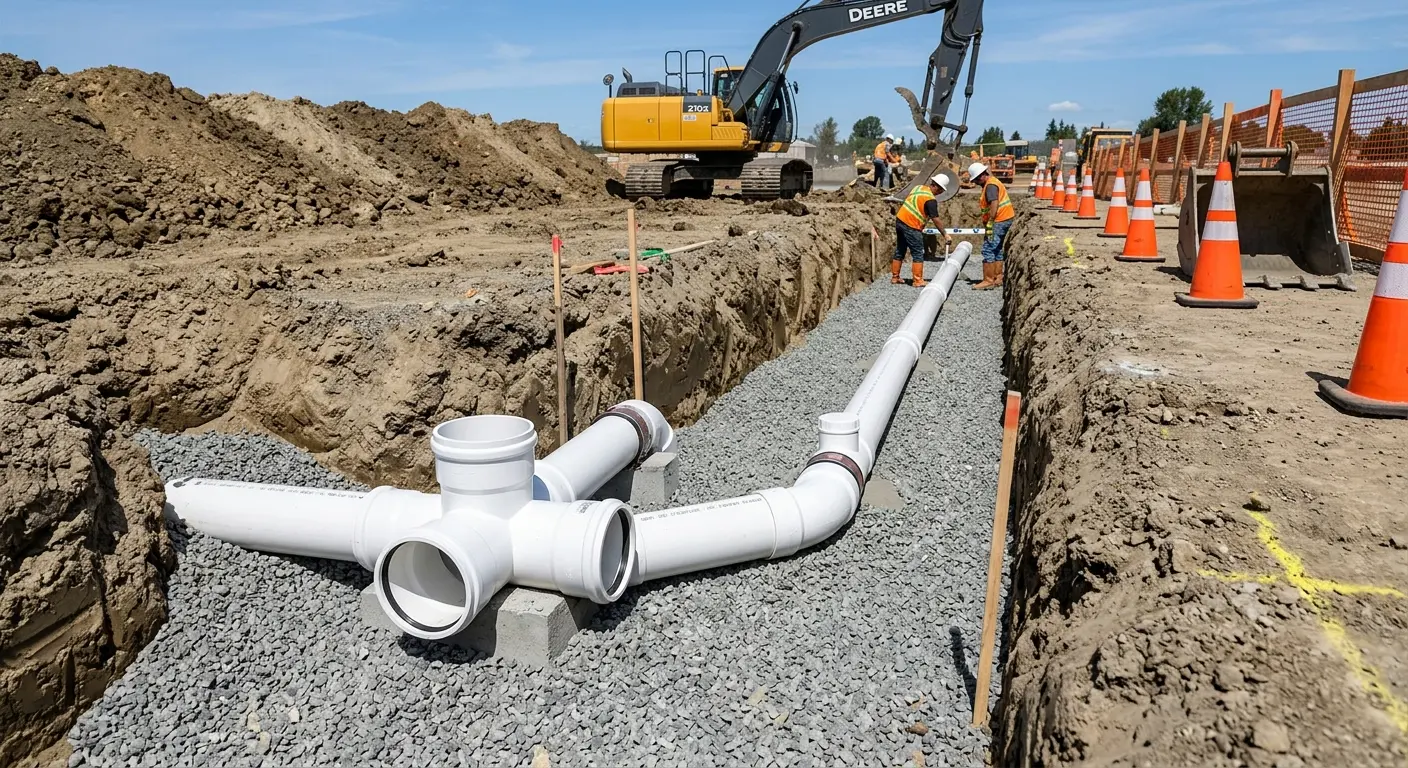 New PVC sewer pipe installation in open trench for Commercial Drain Cleaning in Lake Wales