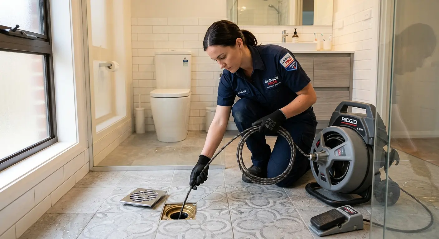 Technician clearing a bathroom floor drain for Sewer Line Replacement in Lake Wales